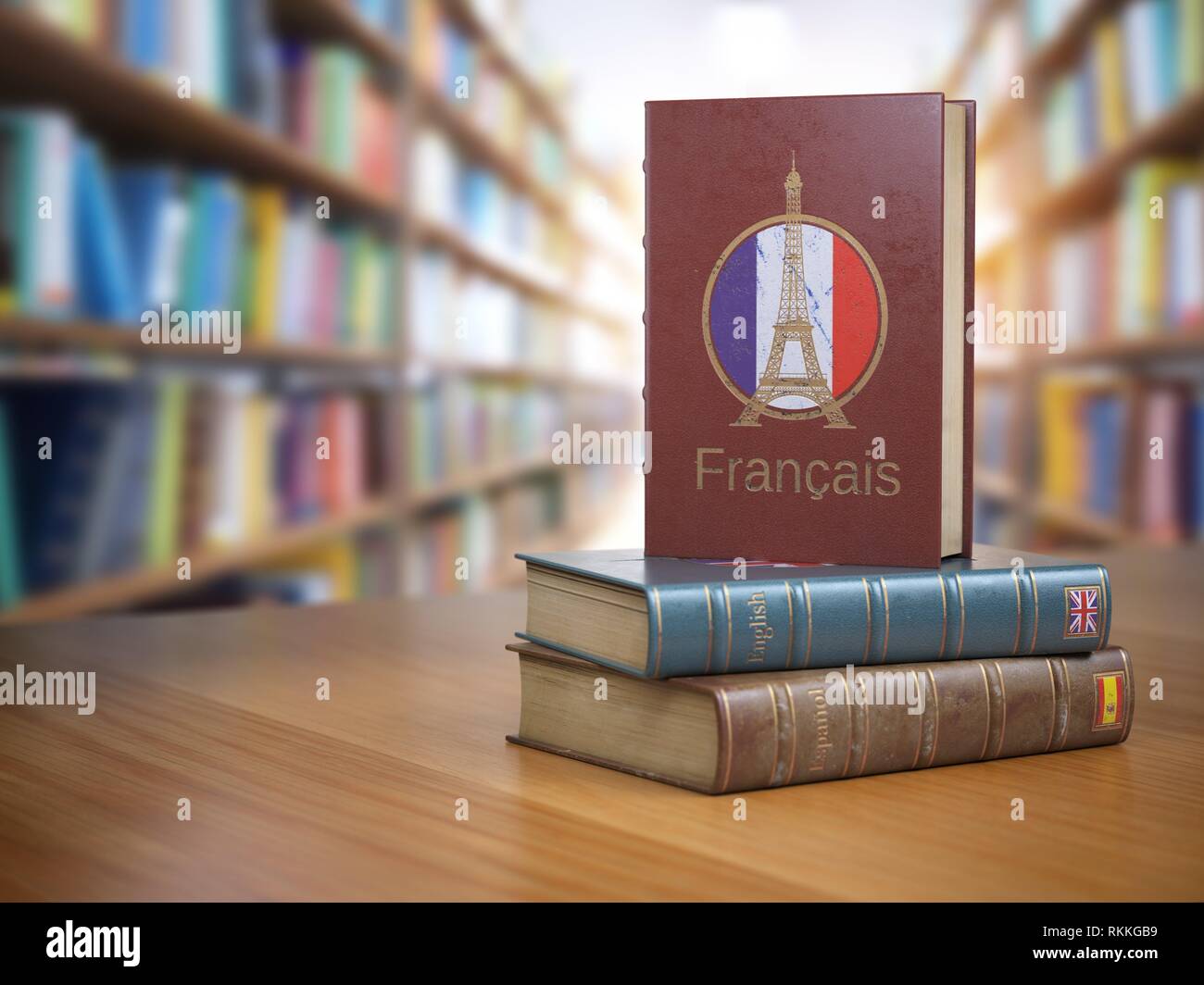 Imparare il francese concetto. Dizionario francese prenota o textbok con bandiera della Francia e della torre Eiffel sul coperchio nella libreria. 3d'illustrazione. Foto Stock