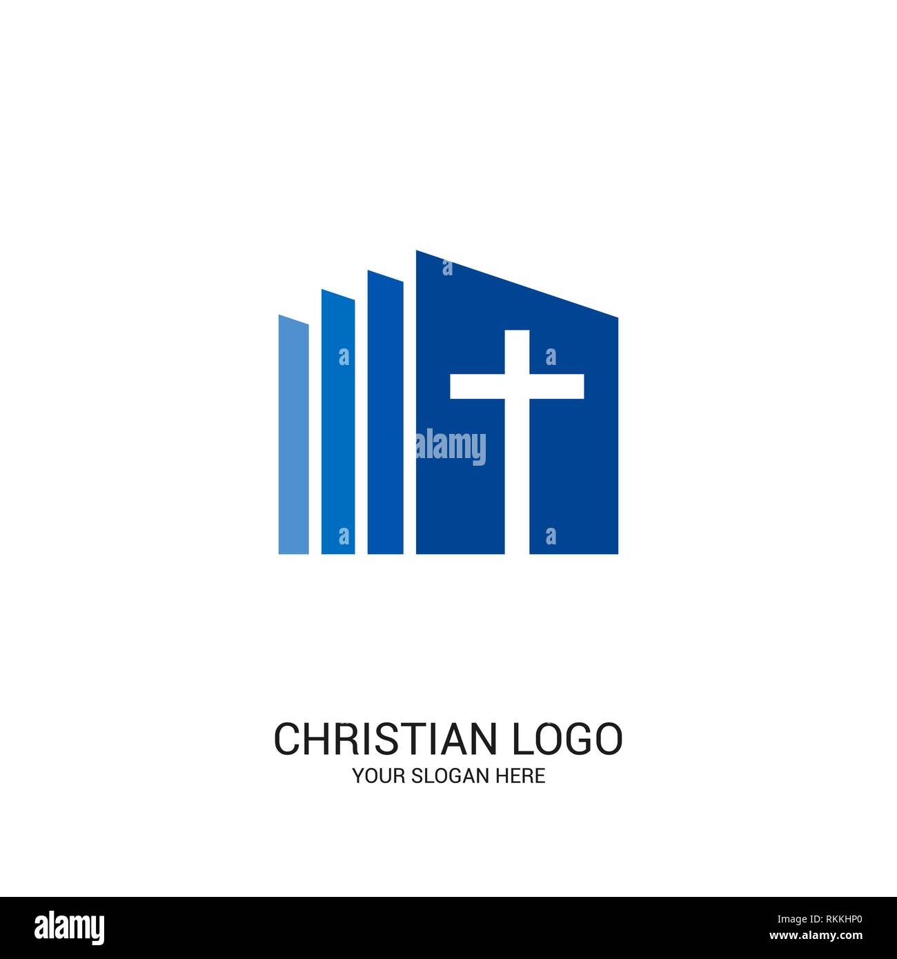 Chiesa cristiana logo. La Bibbia di simboli. Croce di Gesù Cristo. Illustrazione Vettoriale