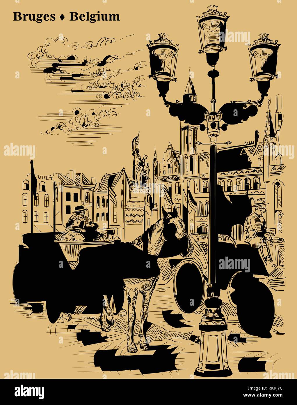 Consente di visualizzare il punto di riferimento Grote Markt Square nella città medievale di Bruges, Belgio. Cavalli, carri e lanterne sulla piazza del mercato di Bruges. Incisione di vettore illu Illustrazione Vettoriale