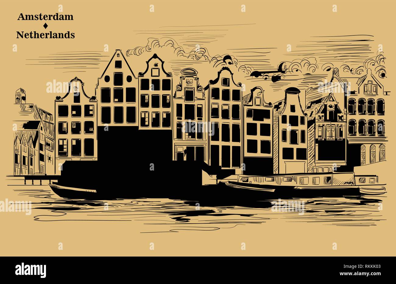 Case sul lungofiume. Canale di Amsterdam, Paesi Bassi. Punto di riferimento dei Paesi Bassi. Incisione di vettore illustrazione colore nero isolato su sfondo beige. Illustrazione Vettoriale