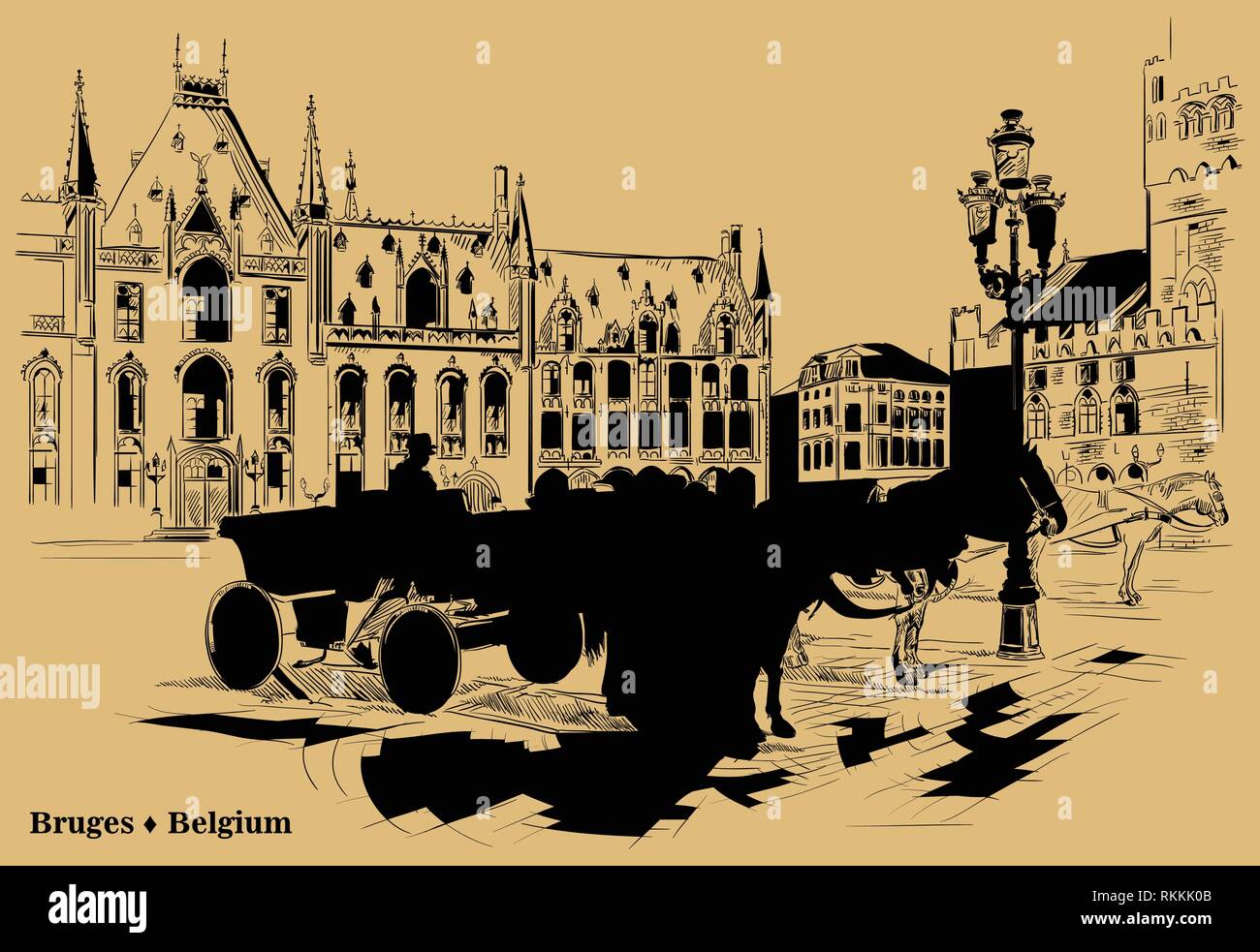 Consente di visualizzare il punto di riferimento Grote Markt Square nella città medievale di Bruges, Belgio. Cavalli, carri e lanterne sulla piazza del mercato di Bruges. Incisione di vettore illu Illustrazione Vettoriale