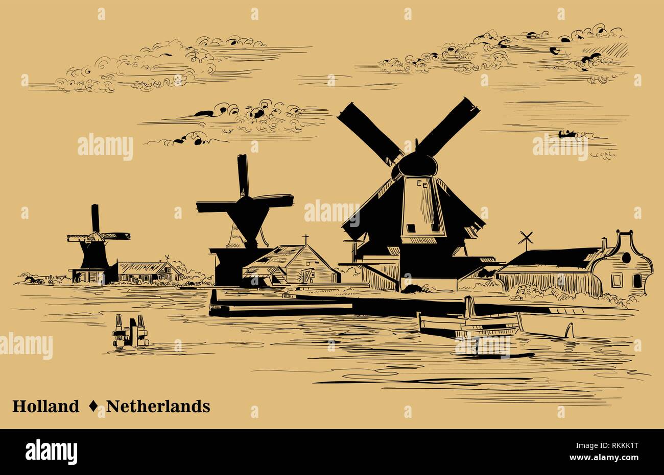 Vettore di disegno a mano illustrazione del mulino di Amsterdam (Paesi Bassi, Olanda). Punto di riferimento dell'Olanda. Incisione di vettore illustrazione in colore nero ho Illustrazione Vettoriale
