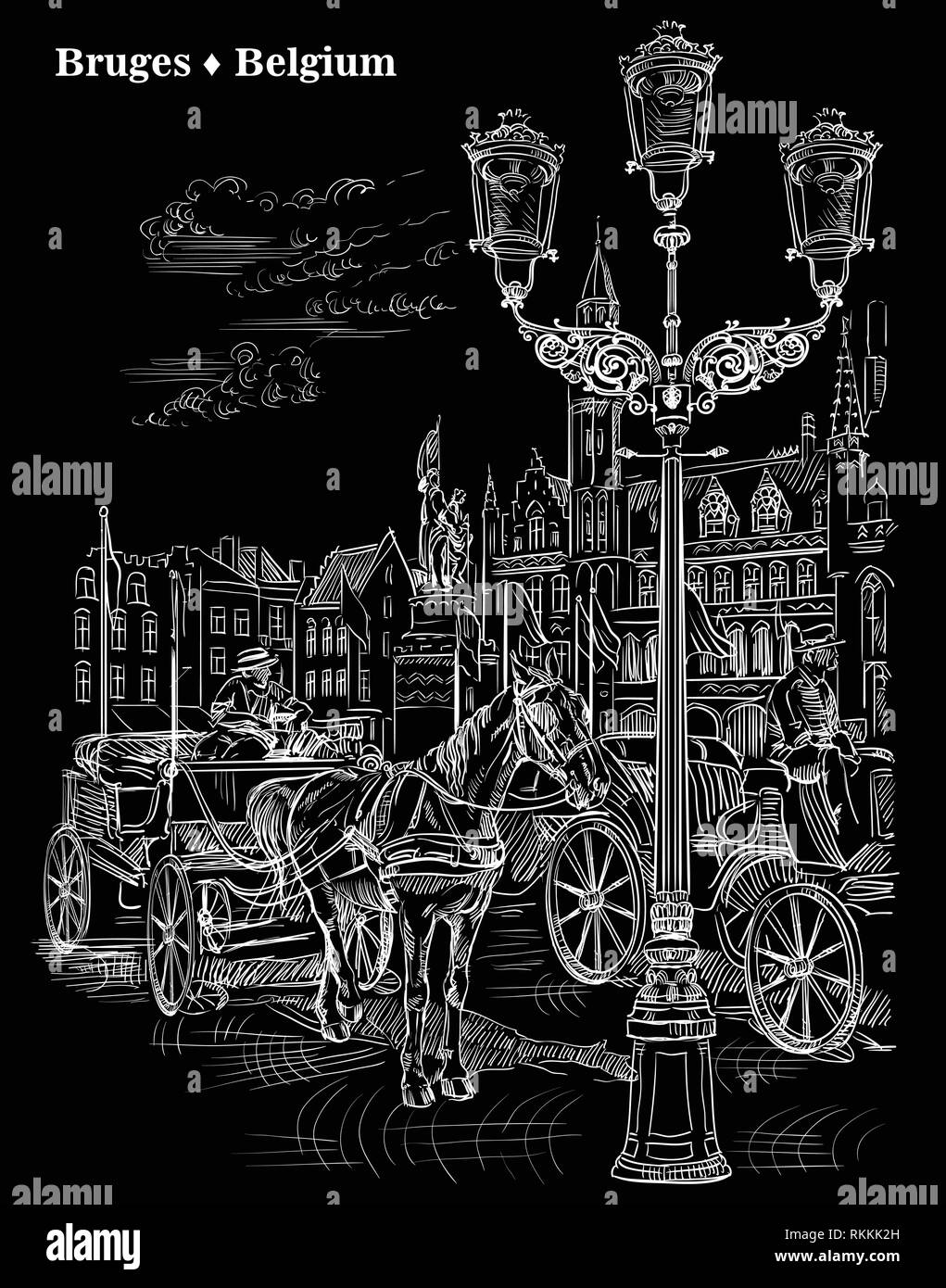 Consente di visualizzare il punto di riferimento Grote Markt Square nella città medievale di Bruges, Belgio. Cavalli, carri e lanterne sulla piazza del mercato di Bruges. Vettore di mano di incisione Illustrazione Vettoriale