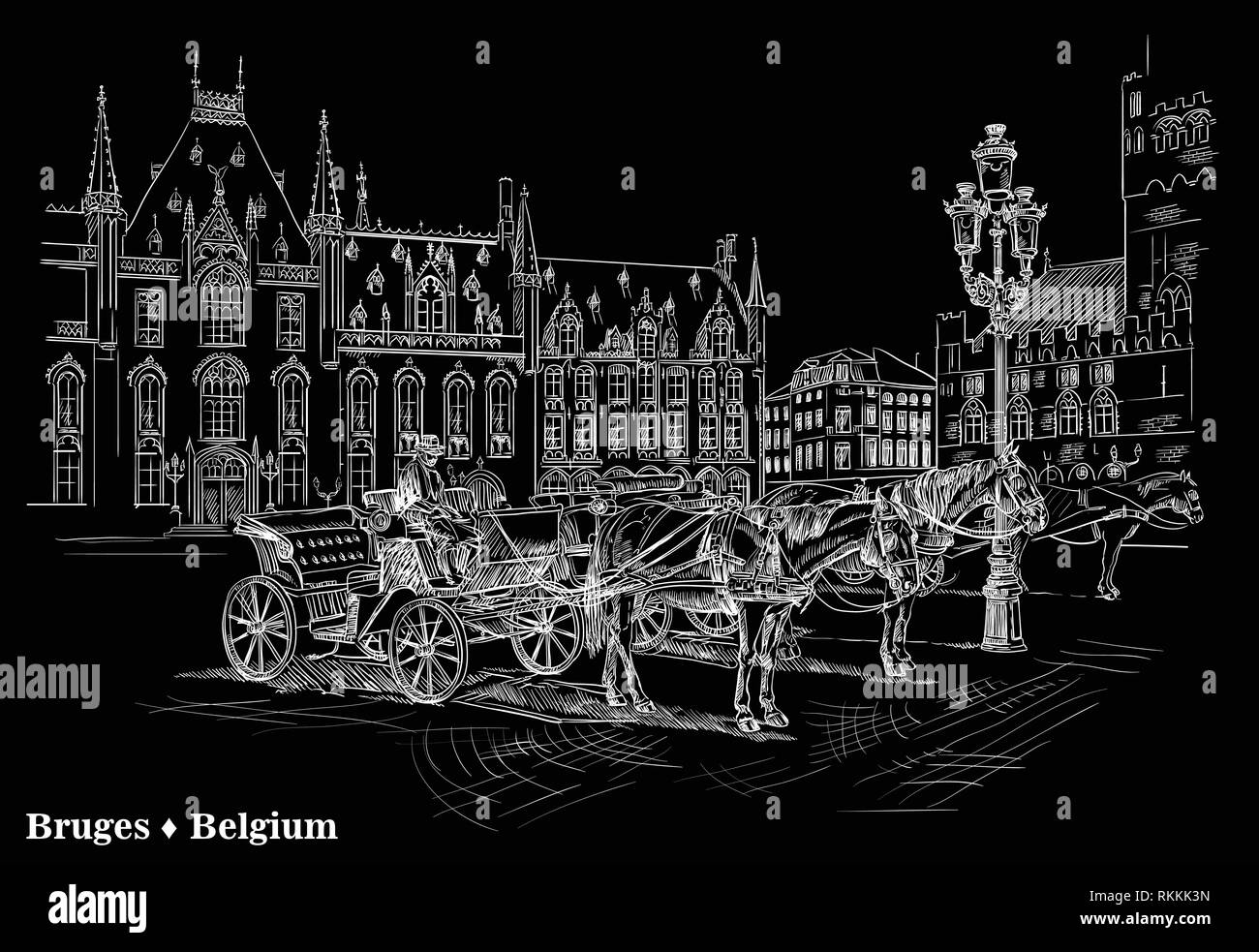 Consente di visualizzare il punto di riferimento Grote Markt Square nella città medievale di Bruges, Belgio. Cavalli, carri e lanterne sulla piazza del mercato di Bruges. Vettore di mano di incisione Illustrazione Vettoriale