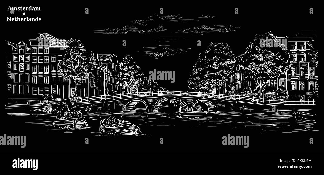 Ponte su canali di Amsterdam, Paesi Bassi. Punto di riferimento dei Paesi Bassi. Incisione di vettore illustrazione in colore bianco isolato su sfondo nero. Illustrazione Vettoriale