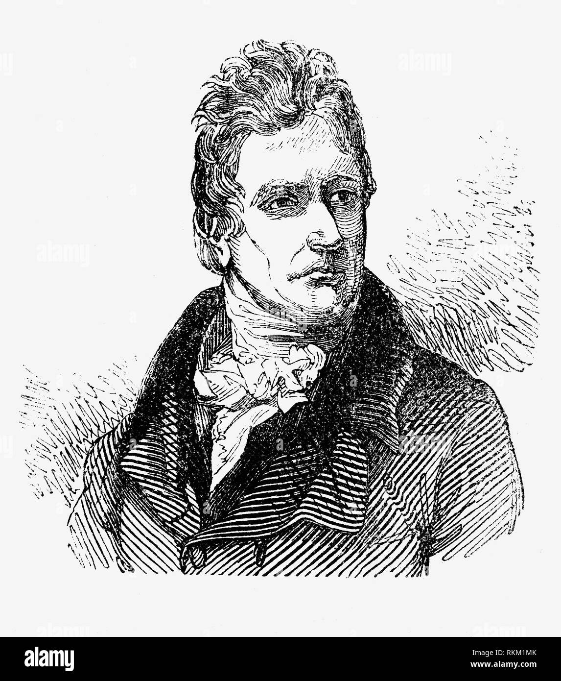 Un ritratto di John Rennie (1761-1821), un scozzese civile ingegnere che ha progettato molti ponti, canali e dock. Le caratteristiche distintive di Rennie's lavoro erano la fermezza e la solidità e ha superato la prova del tempo. Egli è stato il più coscienziosi nella preparazione delle sue relazioni e stime, e mai entrata in un'impresa senza realizzare pienamente se stesso familiarizzare con i dintorni. Fu eletto membro della Royal Society di Edimburgo il 28 gennaio 1788, Fellow della Royal Society del 29 marzo 1798, e nel 1815 ha servito come un manager della istituzione di Londra. Foto Stock