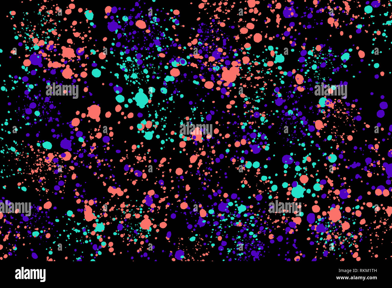 Il neon verde, viola e corallo round casuale gli spruzzi di vernice su sfondo nero. Abstract texture colorate per la progettazione e la decorazione Foto Stock