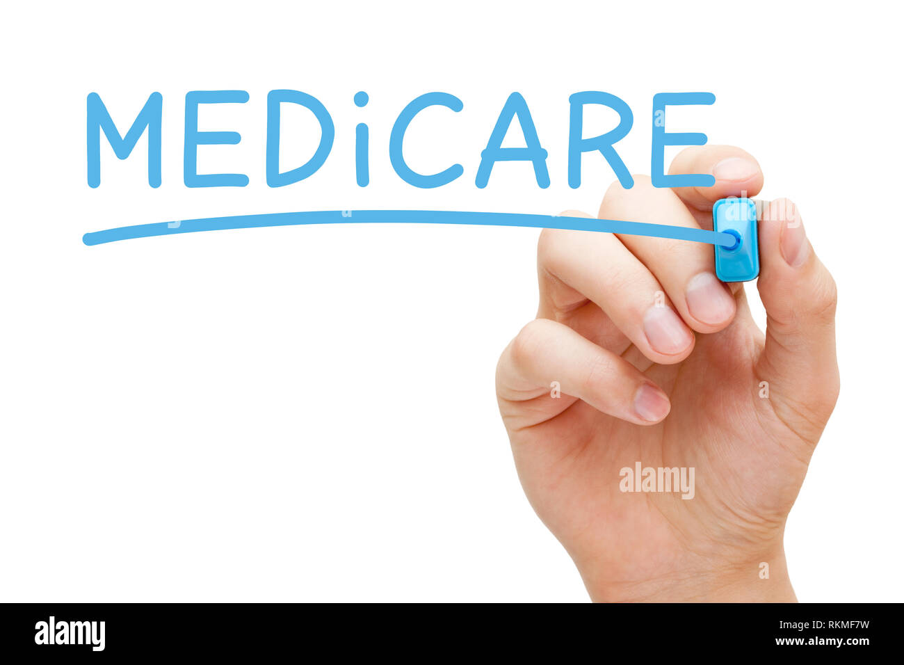 La scrittura a mano Medicare con marcatore blu su trasparente scheda di pulizia. Stati Uniti assicurazione sanitaria nazionale il concetto di programma. Foto Stock
