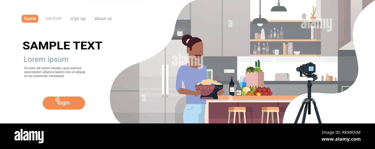 Ragazza blogger alimentare la registrazione di un video sulla fotocamera americano africano donna preparare gustose cucina moderna cucina interna blog concetto personaggio femminile Illustrazione Vettoriale