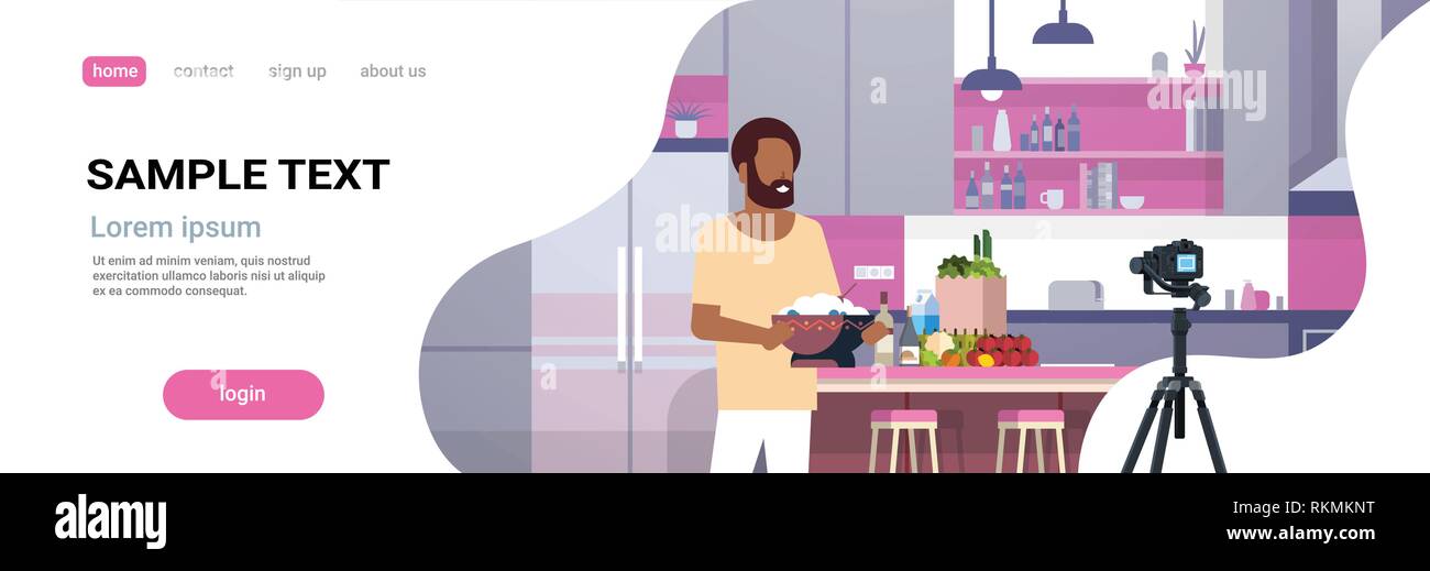 Guy blogger alimentare la registrazione di un video sulla fotocamera african american uomo preparare gustose cucina moderna cucina interna blog concetto personaggio maschile Illustrazione Vettoriale