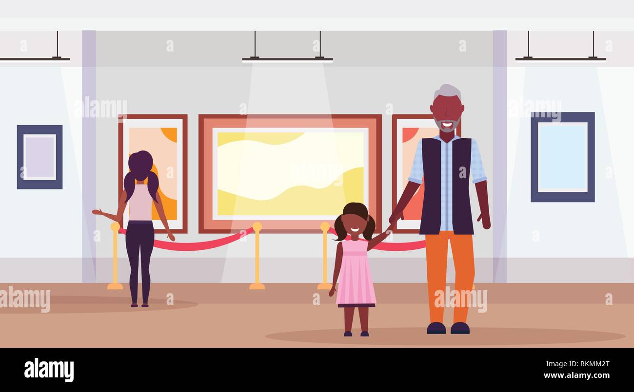 Famiglia i visitatori nella galleria di arte moderna museo interno americano africano di nonno con il nipote cercando dipinti di arte contemporanea di opere d'arte o Illustrazione Vettoriale