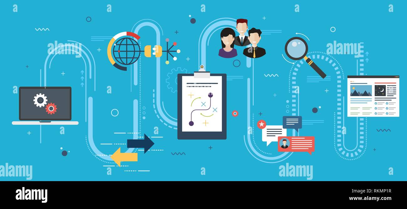 La strategia di marketing, pubblicità e business. Il lavoro di squadra, comunicazione e icone di business. Strategia di marketing e di pubblicità banner internet concept Illustrazione Vettoriale
