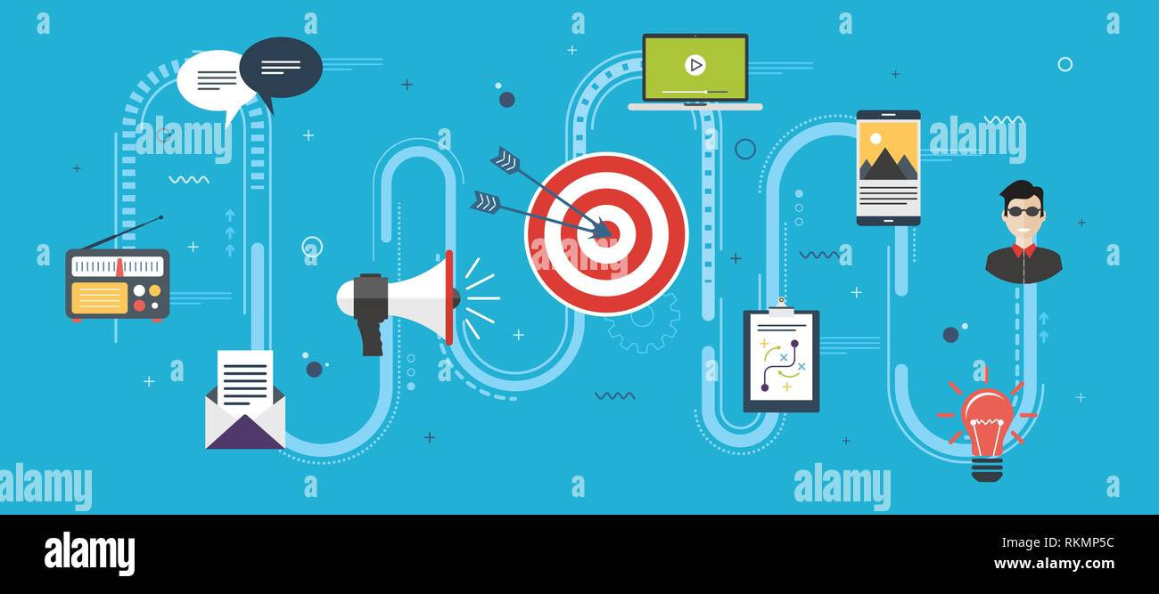 Business marketing, promozione, pubblicità e strategia.la pubblicità e il marketing comunicazione icone.di pubblicità e promozione in internet il concetto di banner Illustrazione Vettoriale