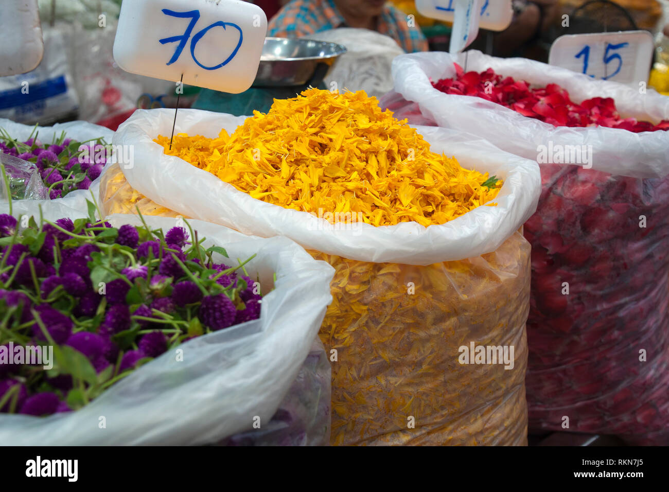 Bangkok in Thailandia, Pak Khlong Talat stallo di mercato con sacchi globe amaranto, Le calendule e petali di rosa per la vendita Foto Stock