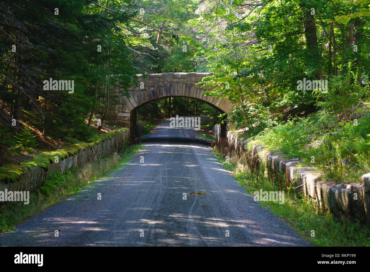 Il ponte di pietra che attraversano una strada carrabile nel Parco Nazionale di Acadia, Maine, Stati Uniti d'America. Il carrello le strade sono aperte solo ai cavalli e biciclette. Foto Stock