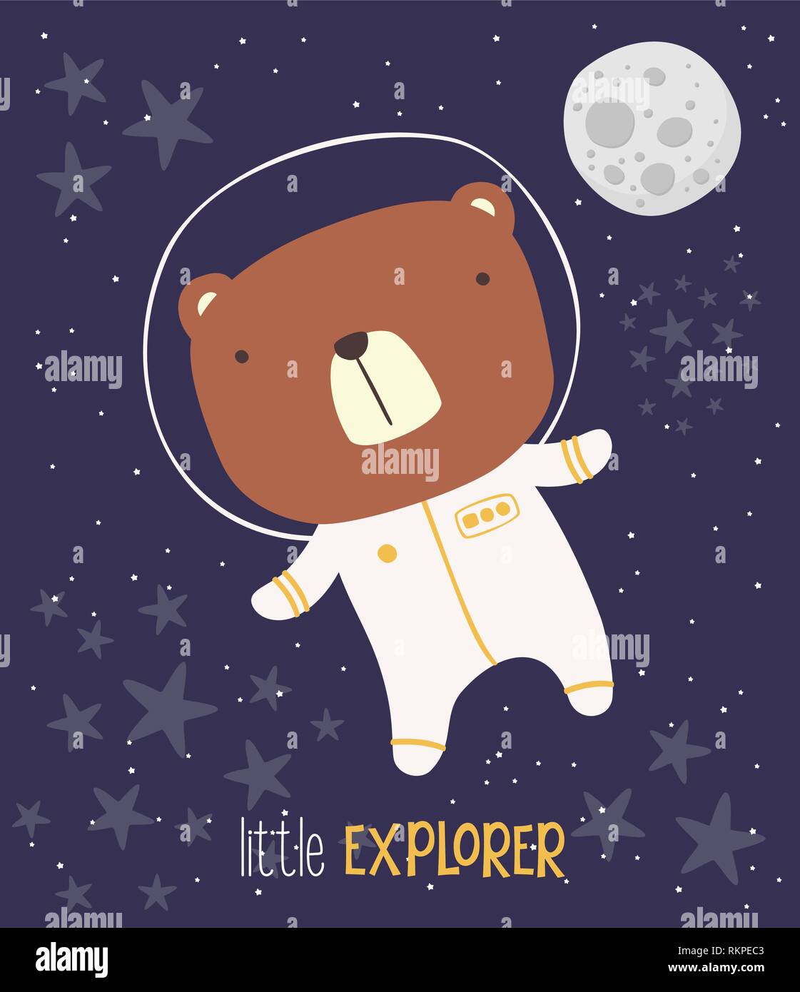 Simpatico orso astronauta in tuta su sfondo stellato e luna. stile disegnato illustrazione. può essere utilizzato per la decorazione di vivaio, design per bebè e bambini Illustrazione Vettoriale