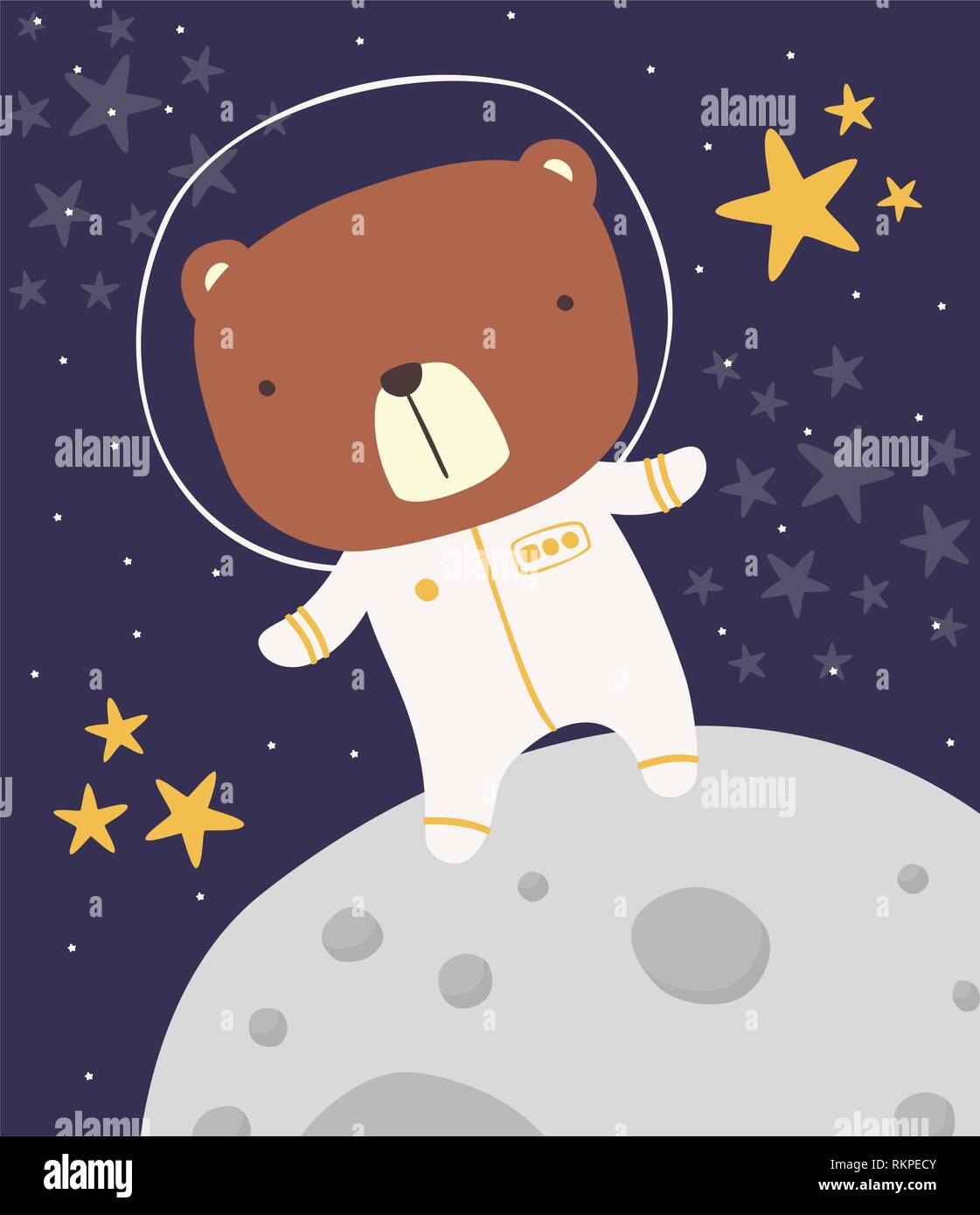 Simpatico orso astronauti sulla luna. stile disegnato illustrazione. può essere utilizzato per la decorazione di vivaio, design per bebè e bambini Illustrazione Vettoriale