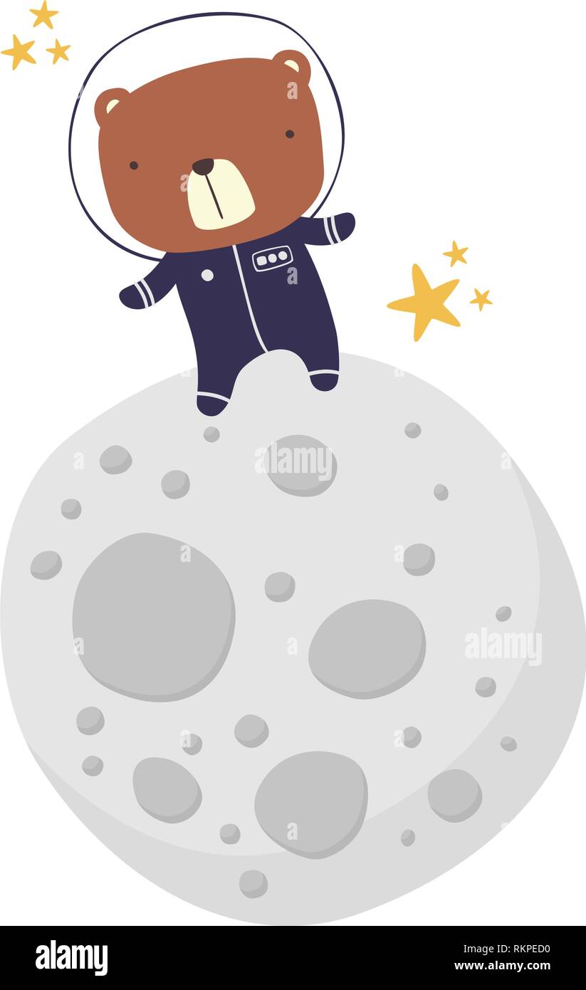 Simpatico orso astronauta in tuta a camminare sulla luna isolato su bianco stile disegnato illustrazione. può essere utilizzato per la decorazione di vivaio, design per bambino e k Illustrazione Vettoriale