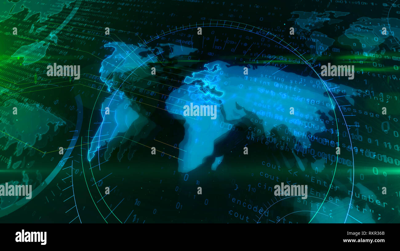 Global Networking concetto con mappa del mondo. Abstract 3D illustrazione della globalizzazione, il cyberspazio e la società digitale. Foto Stock