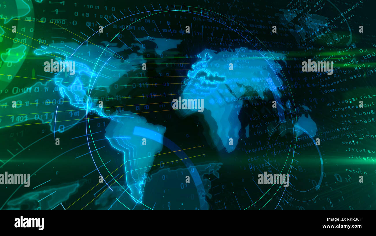Global Networking concetto con mappa del mondo. Abstract 3D illustrazione della globalizzazione, il cyberspazio e la società digitale. Foto Stock