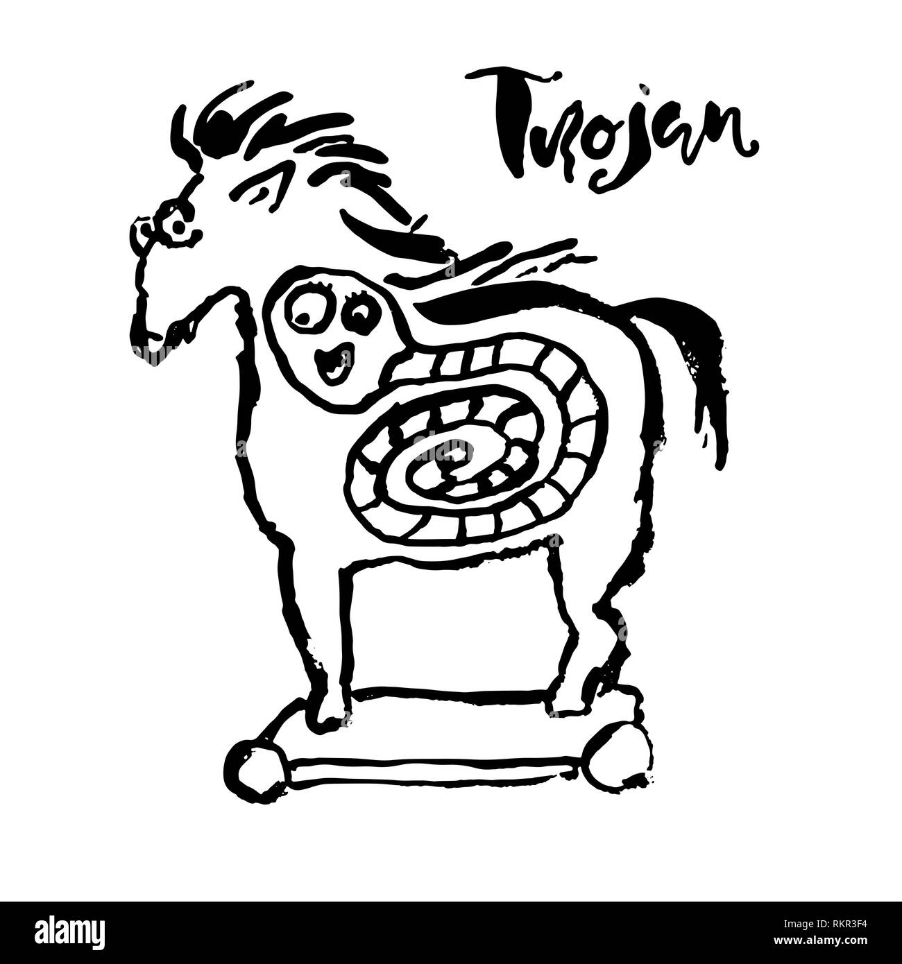 Cavallo di Troia con la vite senza fine all'interno. Computer virus simbolo. Grunge pennello asciutto illustrazione vettoriale. Illustrazione Vettoriale