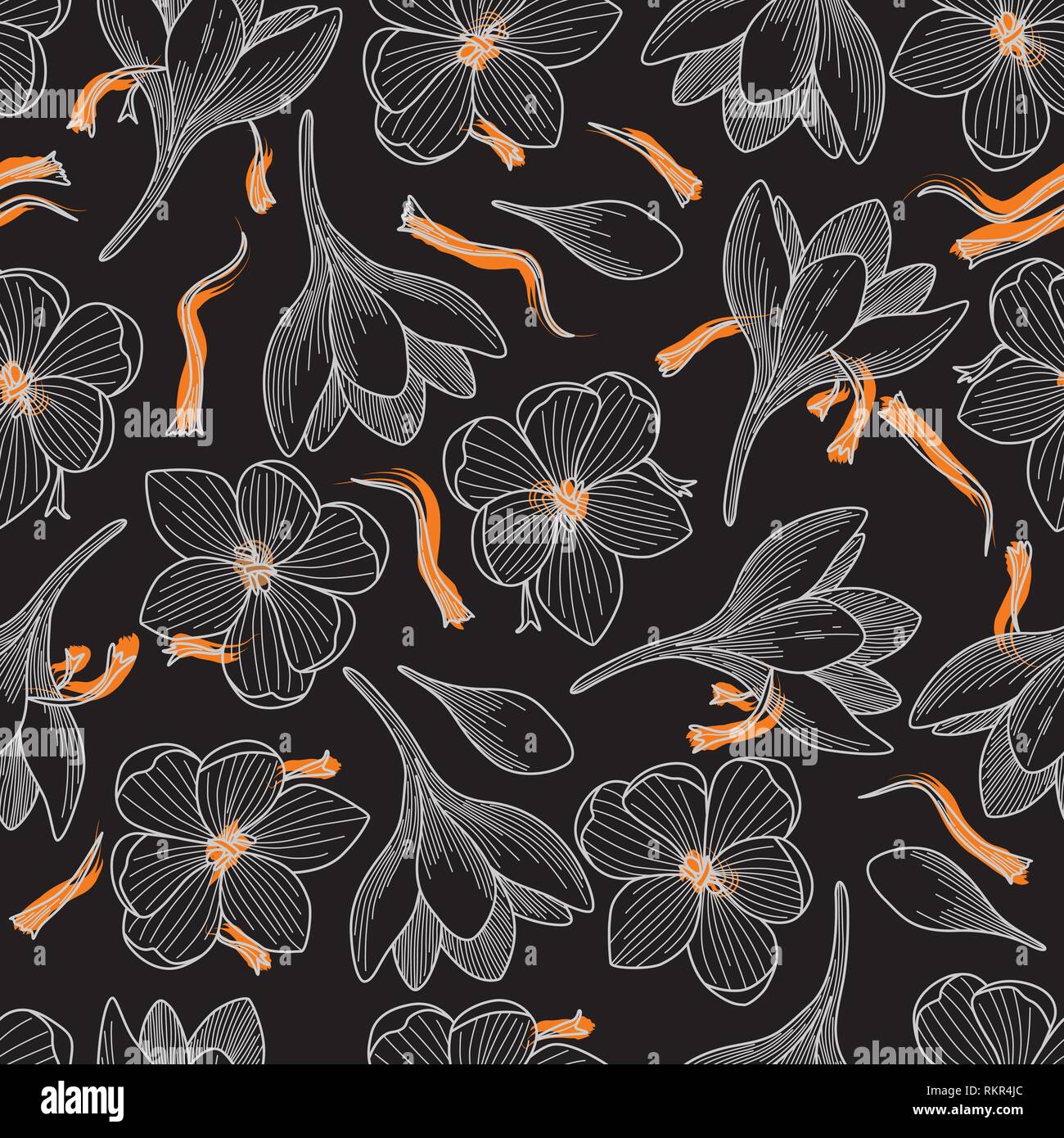 Arancione dettagliata e zafferano Crocus fiori Disegno della linea Seamless Pattern su sfondo nero Illustrazione Vettoriale