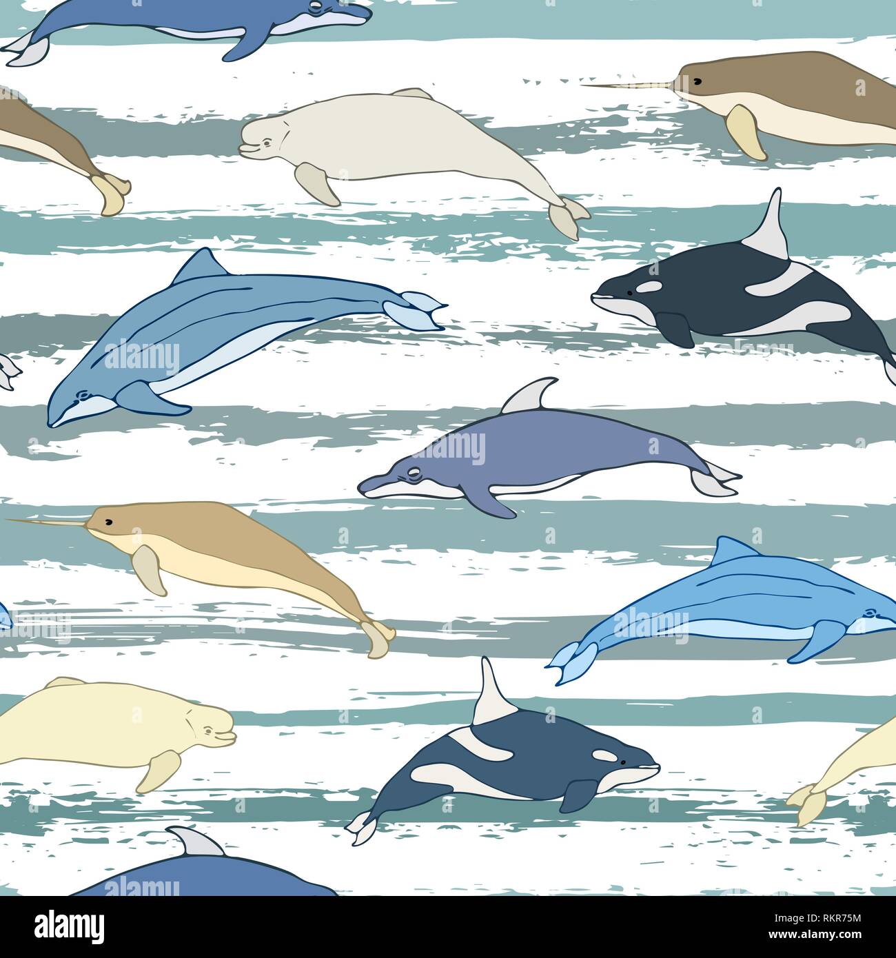 Modello senza giunture di fumetto di balene. Set di specie di balene sullo sfondo di grunge strisce. Illustrazione Vettoriale Illustrazione Vettoriale