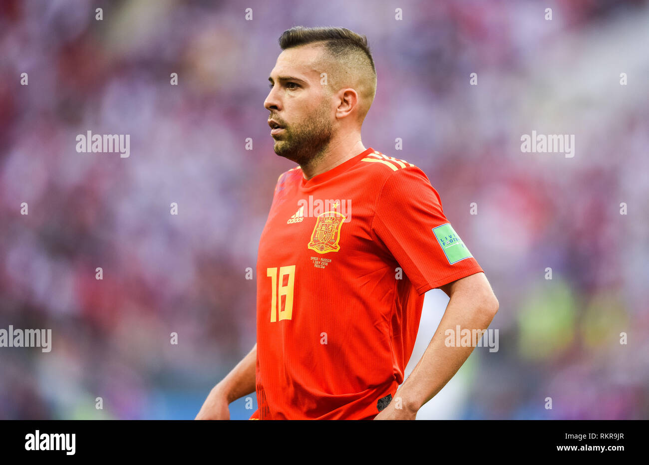 Mosca, Russia - Luglio 1, 2018. Spagna nazionale di calcio centrocampista Jordi Alba prima della Coppa del Mondo FIFA 2018 Round di 16 corrispondono Spagna vs Russia. Foto Stock