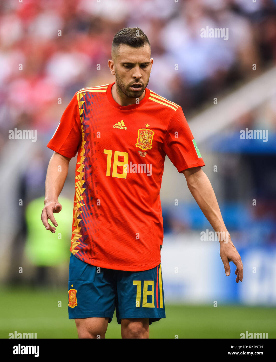 Mosca, Russia - Luglio 1, 2018. Spagna nazionale di calcio centrocampista Jordi Alba durante la Coppa del Mondo FIFA 2018 Round di 16 corrispondono Spagna vs Russia. Foto Stock
