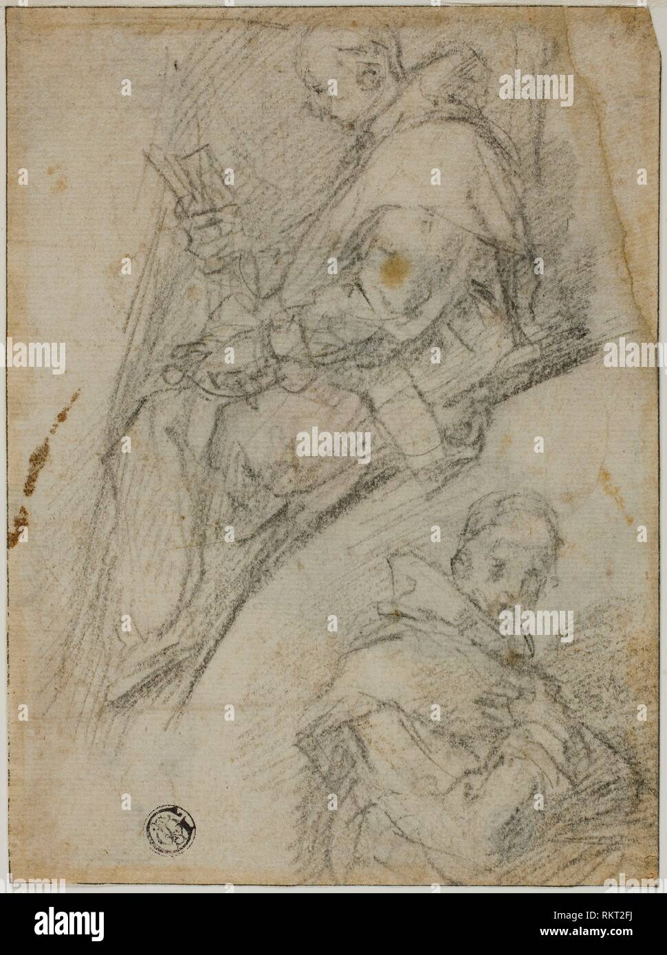 Due studi di Certosini (recto); tre schizzi dei capi di Certosini (verso) - 1591/92 - Bernardino Barbatelli, chiamato Poccetti italiano, Foto Stock