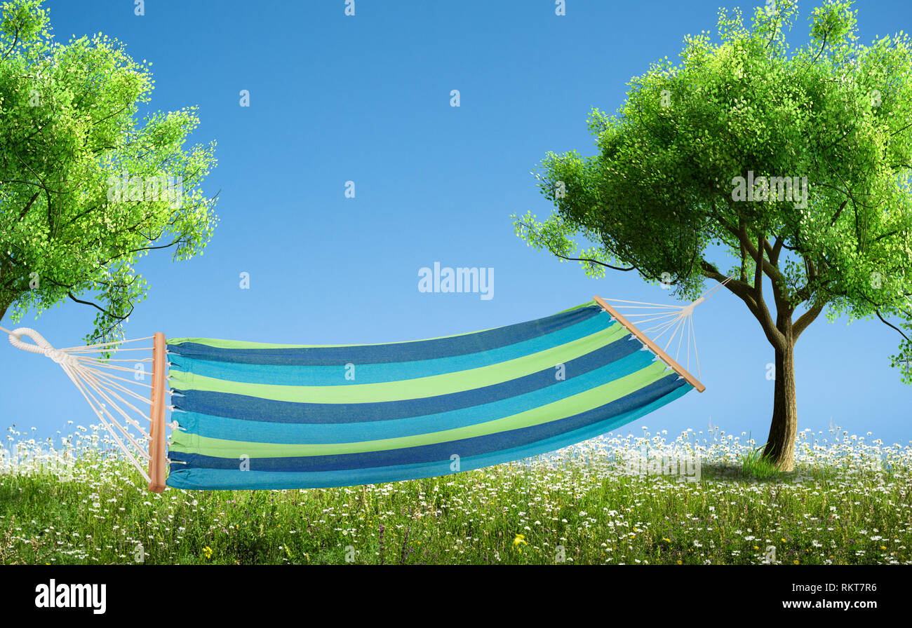Relax su amaca nel cortile di fiori in primavera e il giardino di erba Foto Stock