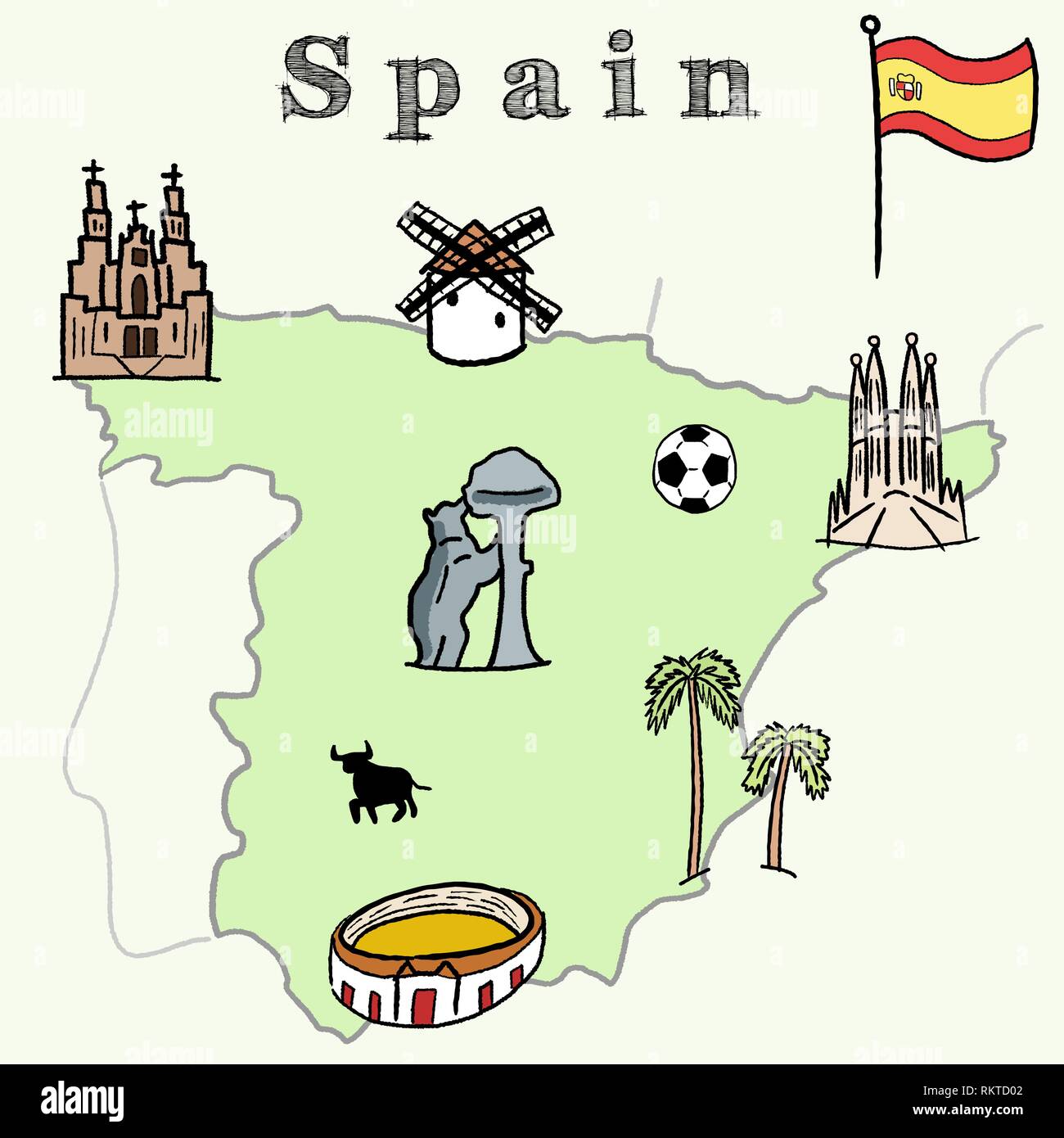 Spagna I Punti Di Riferimento Sulla Mappa Doodle Grafica Vettoriale Con Madrid E Barcellona Santiago De Compostela Siviglia E Il Calcio Immagine E Vettoriale Alamy