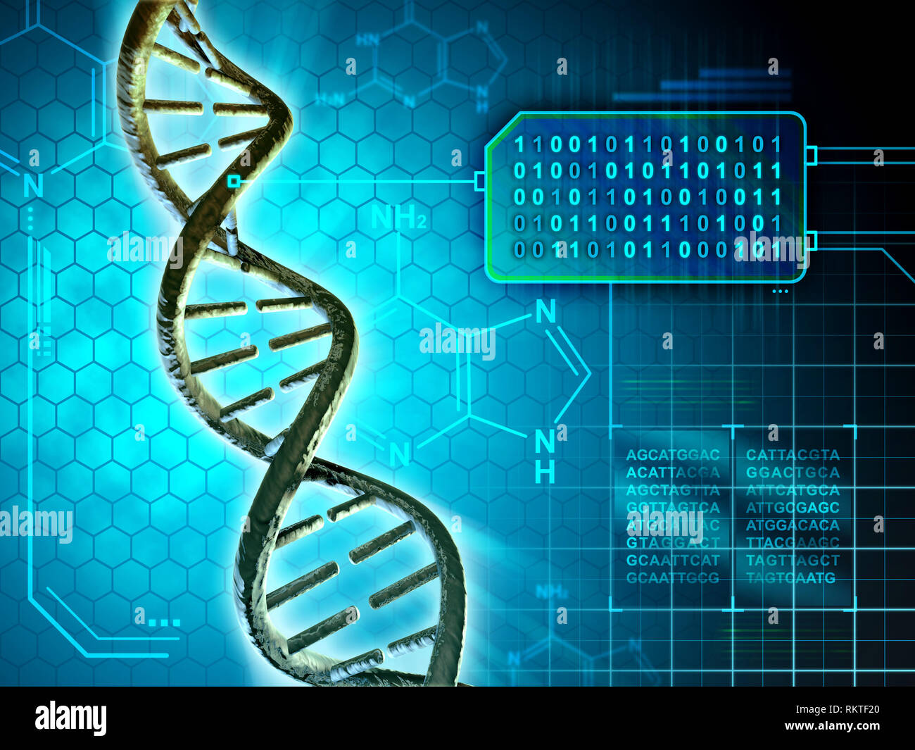 La struttura del DNA convertito in codice binario. Illustrazione Digitale. Foto Stock