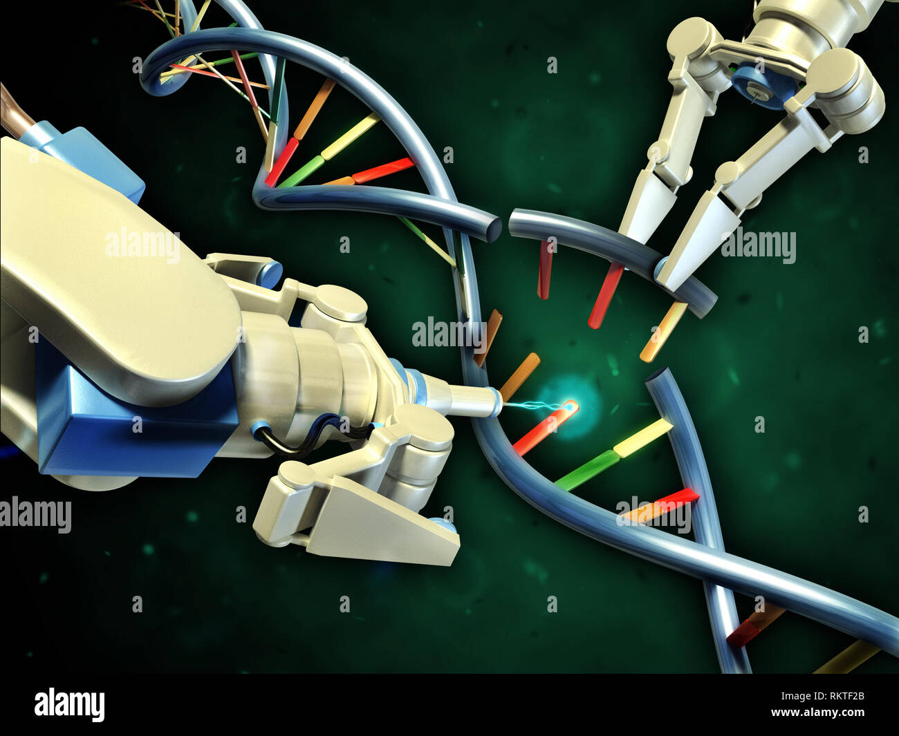 Due bracci robotici modificando un elica di DNA. Illustrazione Digitale. Foto Stock