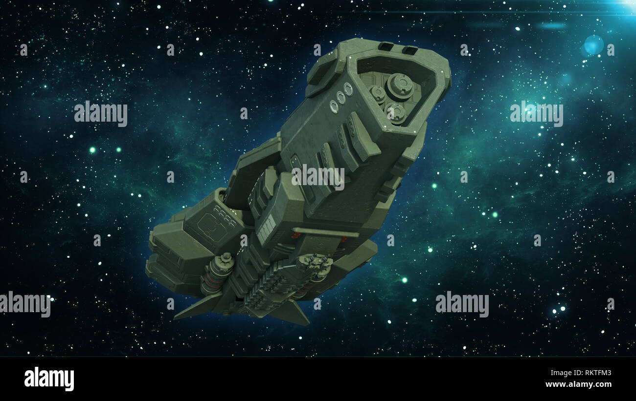 Straniero astronave nello spazio profondo, navicelle volanti nell'universo con stelle in background, UFO vista dal basso, rendering 3D Foto Stock