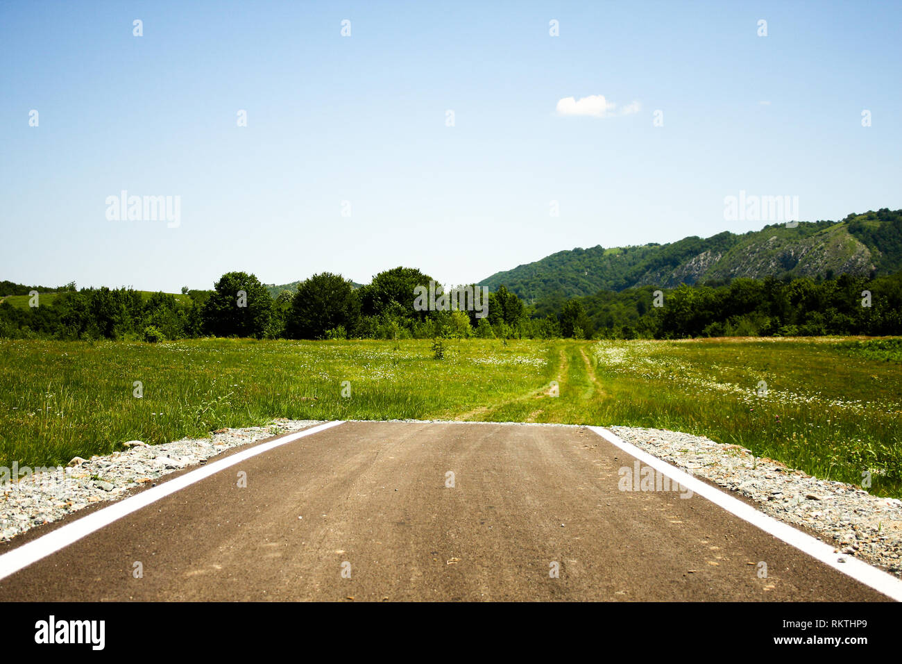 Strada asfaltata che termina bruscamente nel mezzo di una verde pianura con alcuni sentieri segnalati in anticipo Foto Stock