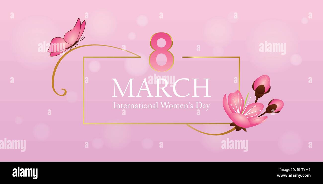 Womans giorno 8 marzo elegante biglietto di auguri con farfalla e fiore di ciliegio illustrazione vettoriale EPS10 Illustrazione Vettoriale