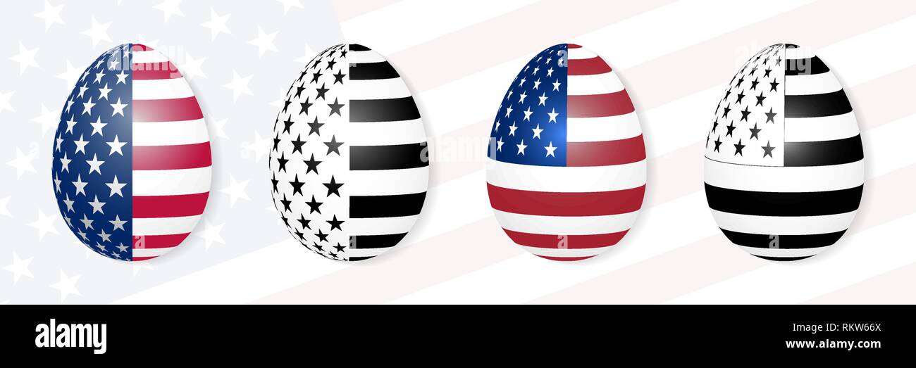 Le uova di pasqua con le opzioni per l'immagine della bandiera americana. A colori e in bianco e nero dei modelli di uova. Sfondo per l'uso in varie celebrazioni. Illustrazione Vettoriale