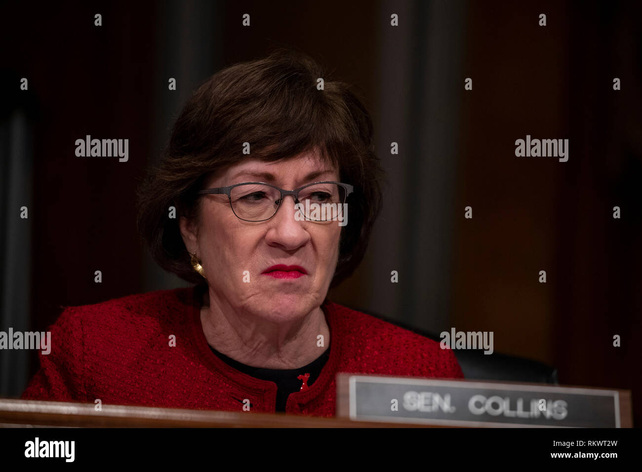 Il senatore Susan Collins, repubblicani del Maine, pone una domanda durante un comitato del Senato sulla salute, l'istruzione, il lavoro e le pensioni udienza del Campidoglio di Washington, DC il 12 febbraio 2019. Credito: Alex Edelman/CNP /MediaPunch Foto Stock