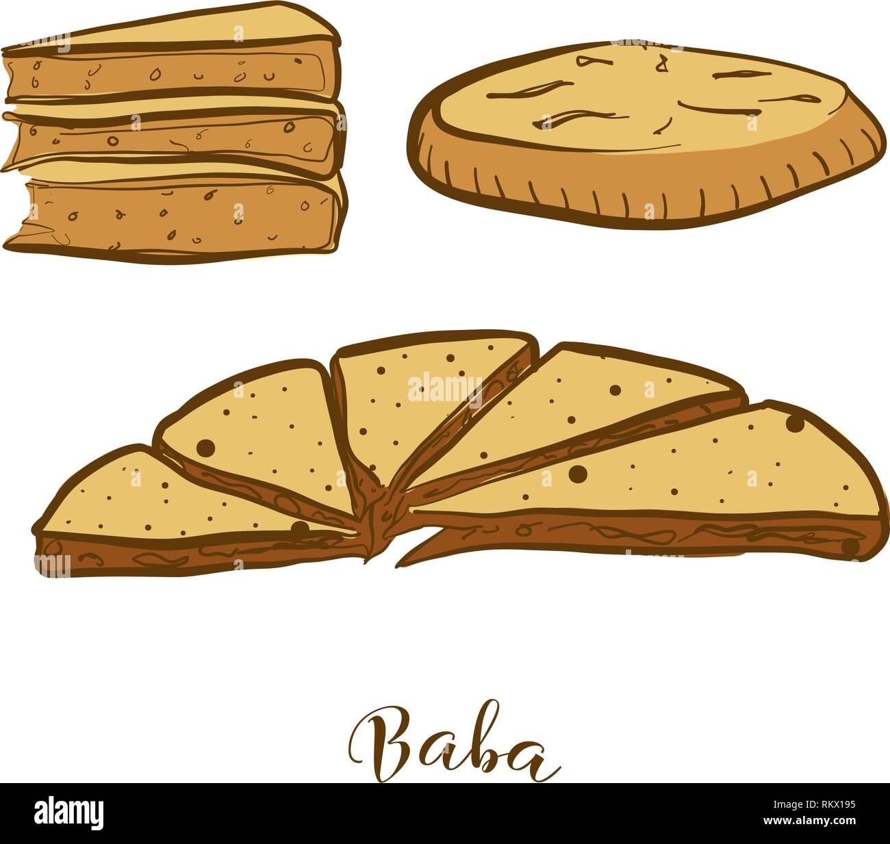 Schizzi colorati di Baba pane. Vettore di disegno di vario spessore, pane rotondo cibo, usualmente noto in Cina Yunnan, naxi, persone. Pane colorato illust Illustrazione Vettoriale