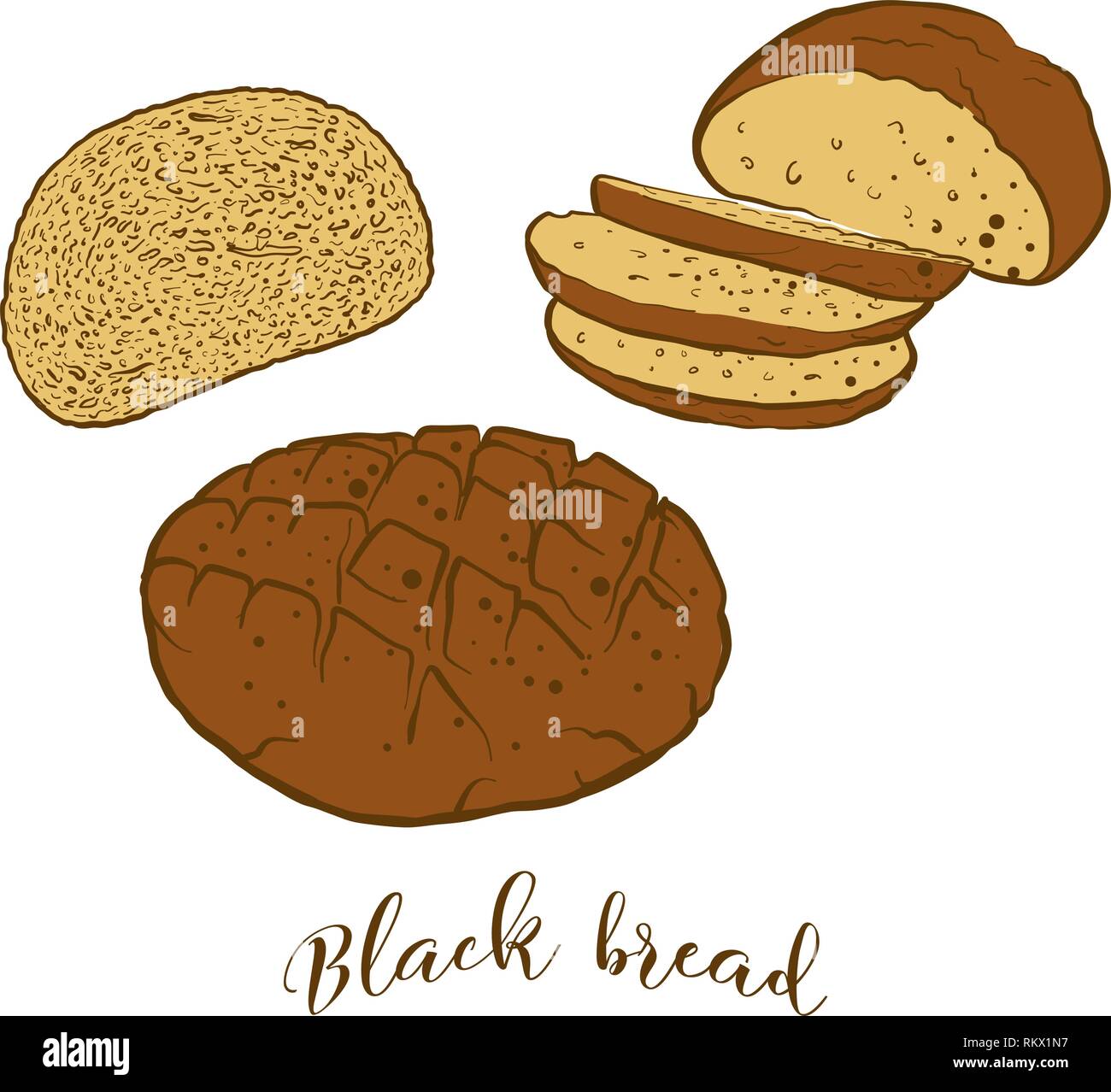 Schizzi colorati di pane nero pane. Il disegno vettoriale del pane di segale cibo, usualmente noto in Europa. Pane colorato illustrazione serie. Illustrazione Vettoriale