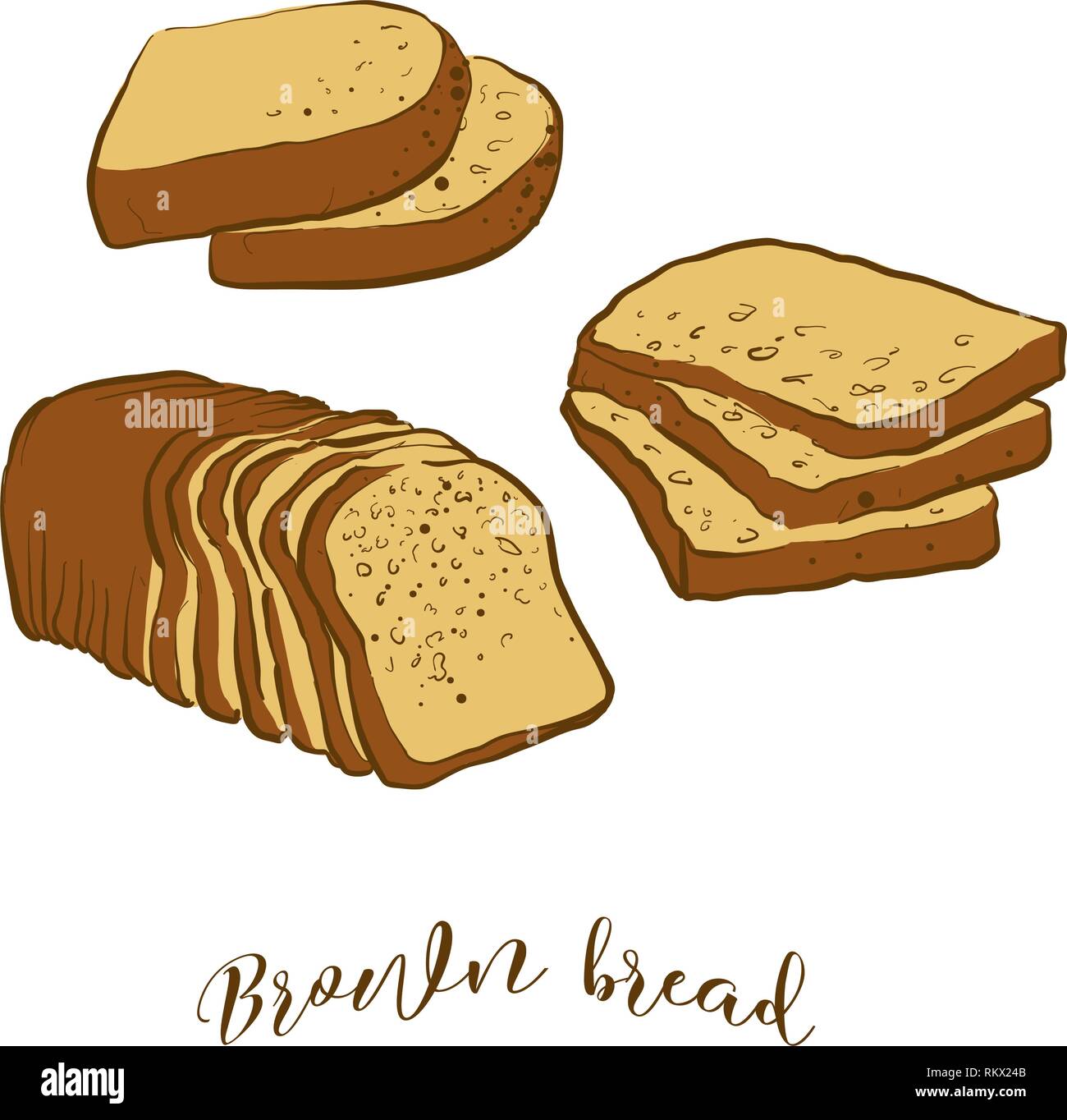 Schizzi di colore marrone del pane di pane. Vettore di disegno di segale o pane di frumento alimenti, usualmente noto in Irlanda. Pane colorato illustrazione serie. Illustrazione Vettoriale