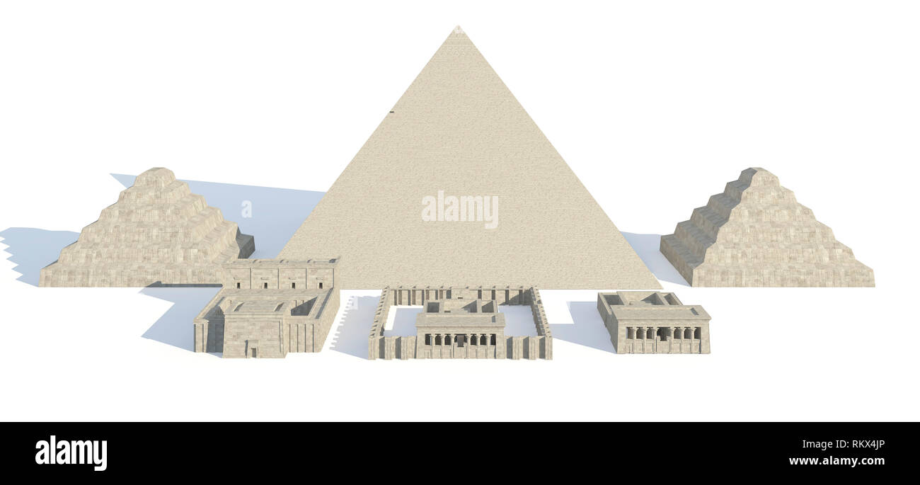3D illustrazione edifici egiziano e statue isolate su sfondo bianco Foto Stock