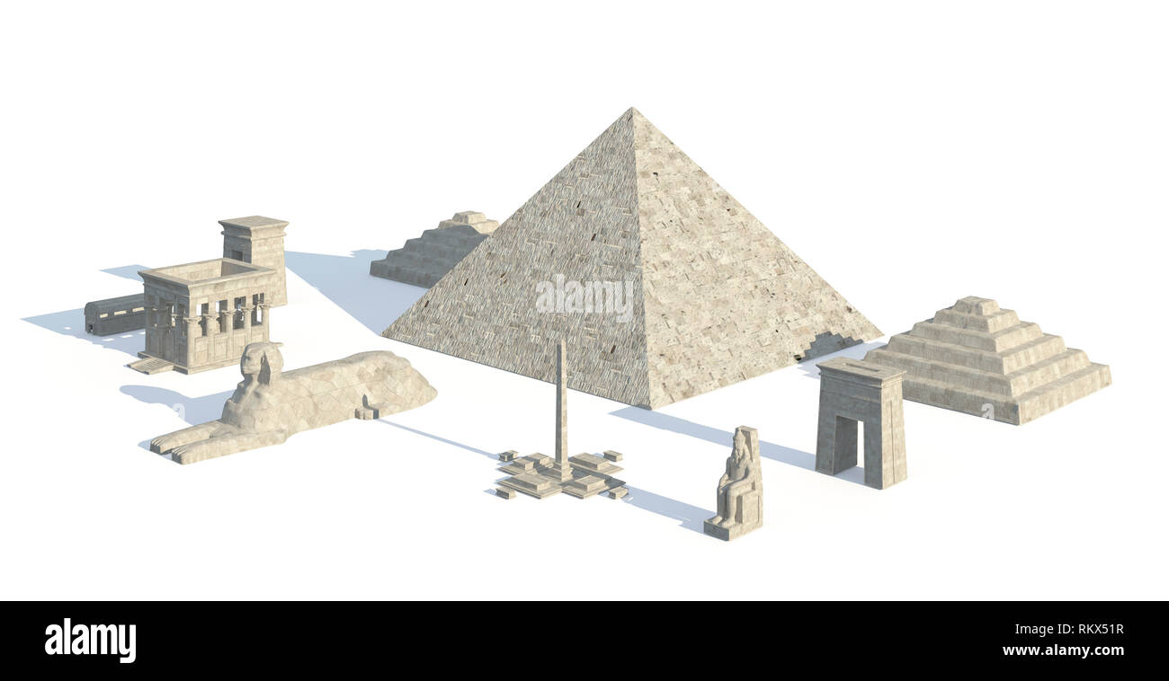 3D illustrazione edifici egiziano e statue isolate su sfondo bianco Foto Stock