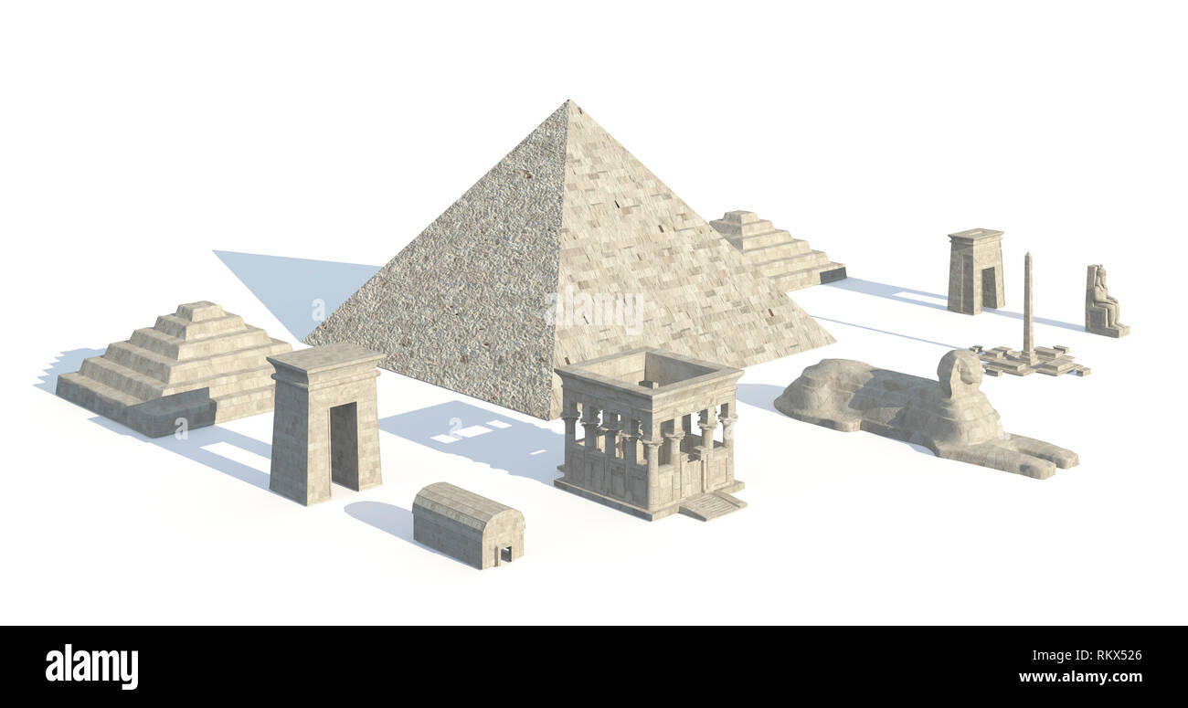 3D illustrazione edifici egiziano e statue isolate su sfondo bianco Foto Stock