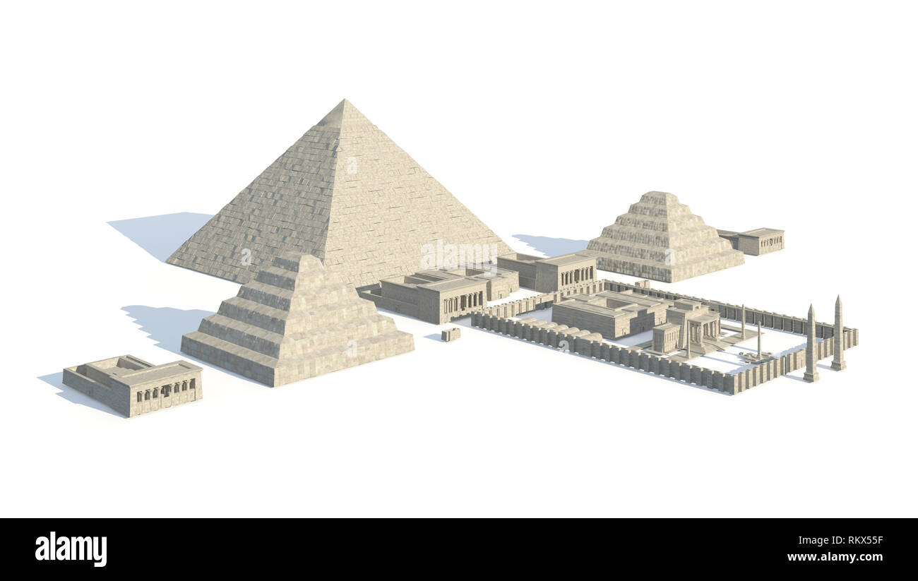 3D illustrazione edifici egiziano e statue isolate su sfondo bianco Foto Stock