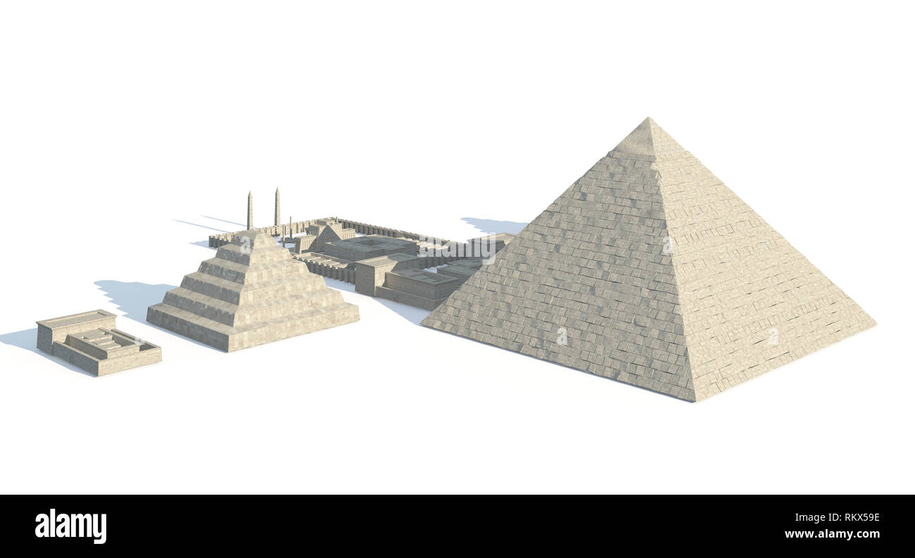 3D illustrazione edifici egiziano e statue isolate su sfondo bianco Foto Stock