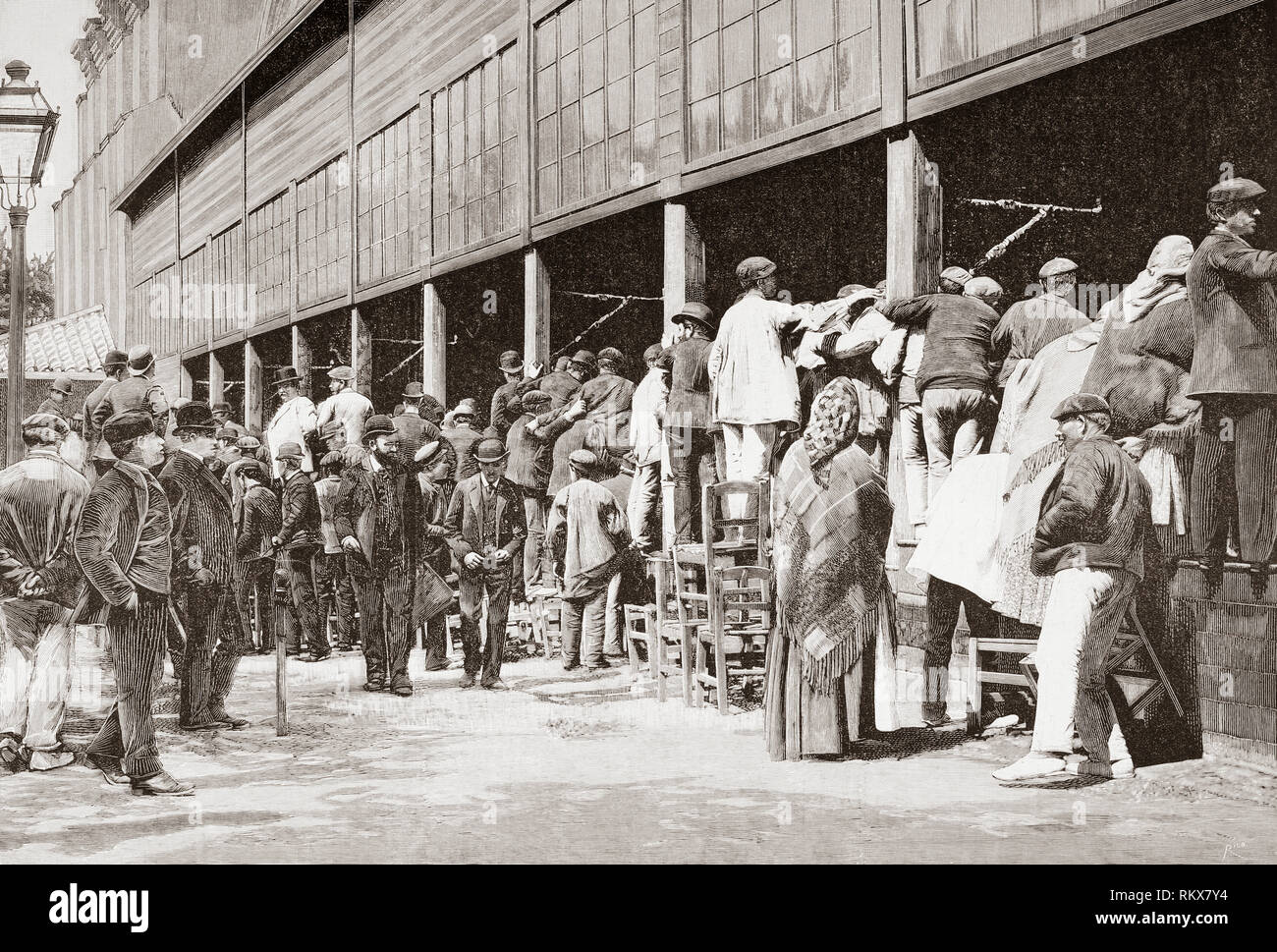 Una riunione dei lavoratori nel teatro del Buen Retiro Palace, Madrid, Spagna, 1 maggio 1892. Da La Ilustracion Española y Americana, pubblicato nel 1892. Foto Stock