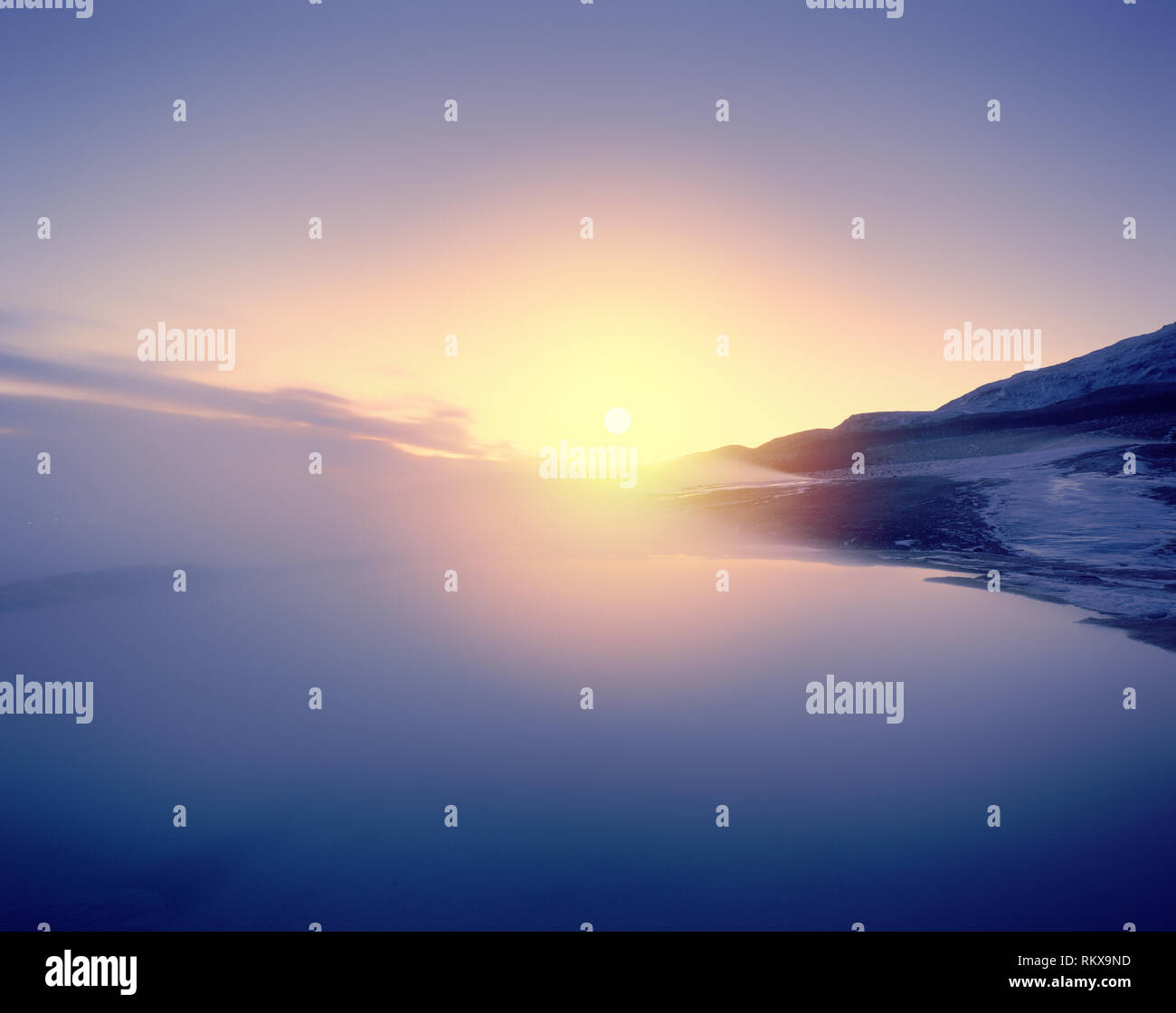 Tramonto su sorgenti calde geotermali, grande area di geyser, Islanda Foto Stock