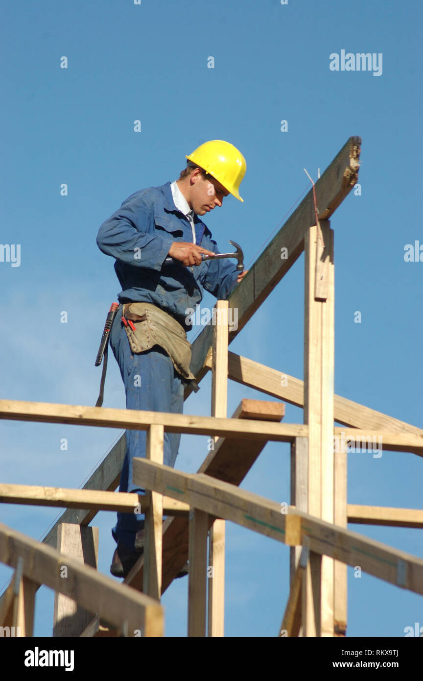 Builder home guida un chiodo durante il completamento dell'inquadratura del tetto Foto Stock
